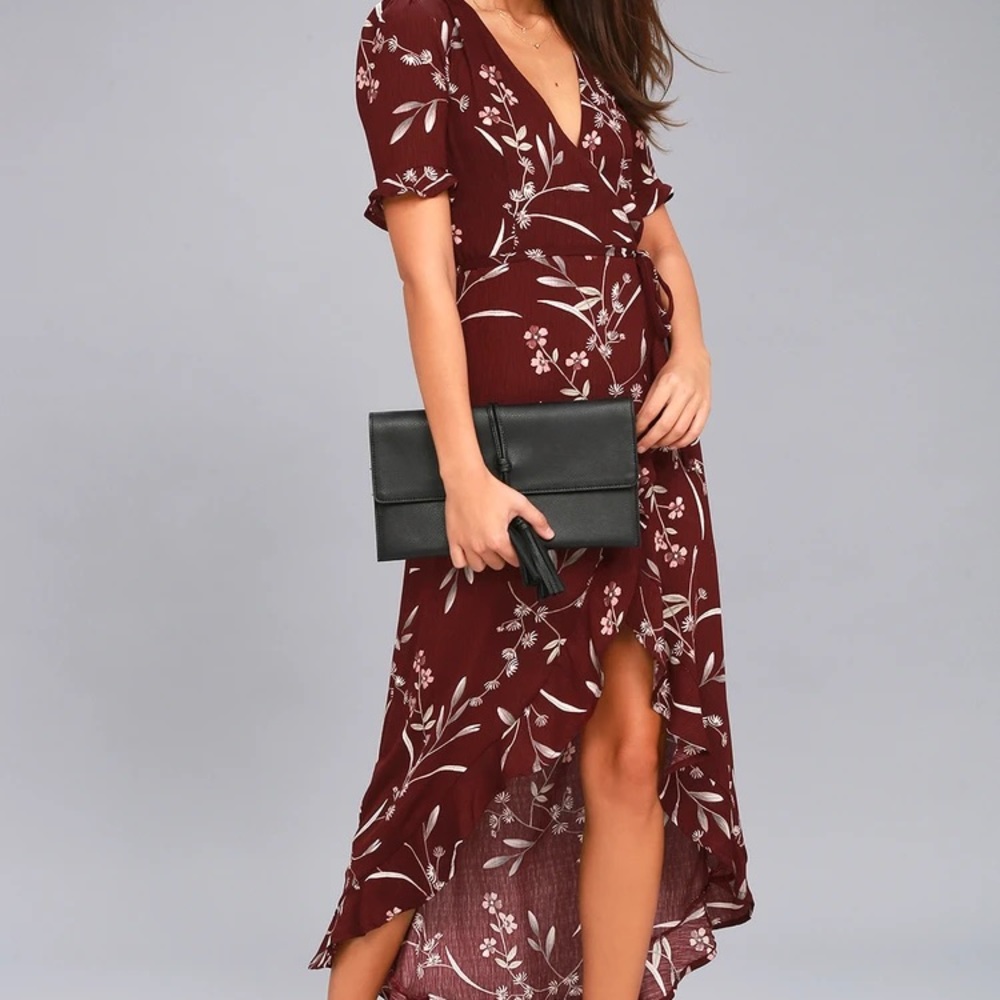 Wild Winds Burgundy Floral High-Low Wrap Dress